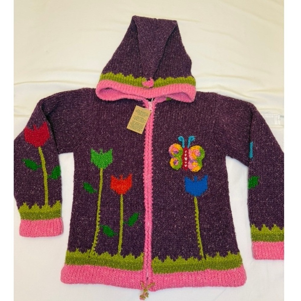Earth Ragz, Floral Knit Hooded Cardigan, Purple, Kids XL, NWT